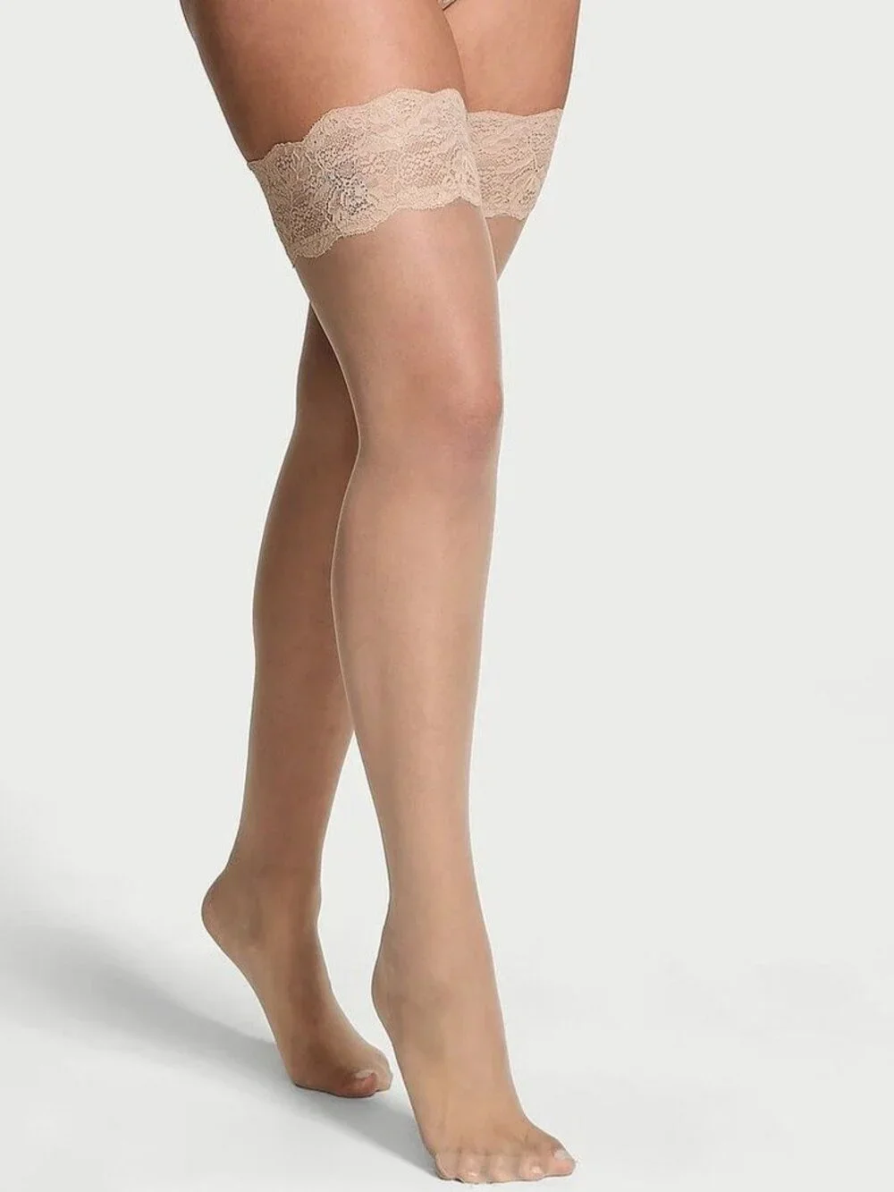 Victoria's Secret Nude Praline Lace Top Thigh Highs Reinforced Heel Medium